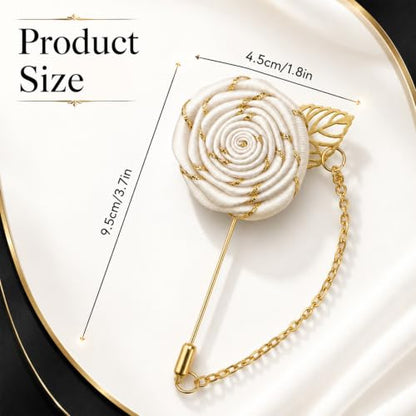 1 Pcs Gold Lapel Pin for Men, White Flower Brooch Pin for Men, Zinc Alloy Wedding Lapel Pin with Metal Chain for Suits Tuxedo Groom Accessories (Ivory White)