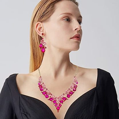 Jewelry Set for Women, Statement Necklace Dangle Earrings Bracelet Ring, White/KC Gold Plated Jewelry Set with Rhinestone Pearl Crystal Wedding Party Jewelry for Bridal Bridesmaid - color: Rose Red-Gold Plated