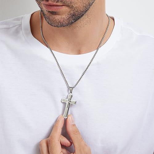 Men's Cross Necklace 316L Stainless Steel Large Heavy Cross Pendant for Men Polished Jewelry Rolo Chain with 22'' 24'' 26'' - color: A-white, size: 26 inch