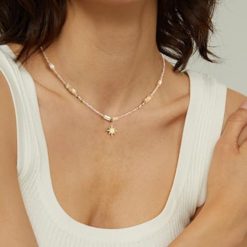 KissYan Beaded Choker Necklace for Women, Colorful Natural Gemstones Pearl Choker 14K Gold Plated Pendant Healing Crystal Necklace Handmade Stone Jewelry Gift | 14K Gold Plated Pendant Necklaces, Natural Gemstones Pearl Choker, Healing Crystal Chain, Hand