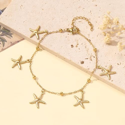 Lit Wall Gold Anklets for Women 18K Gold Plated Adjustable Summer Simple Foot Jewelry Ankle Bracelet for Women - style: Starfish