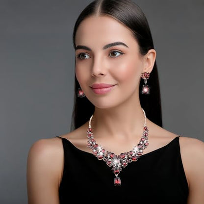 Hicarer Bridal Teardrop Cluster Crystal Jewelry Set for Women Necklace Earrings Wedding - color: Wine Red