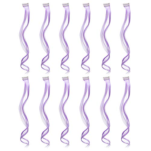 12 Pcs Curly Wavy One Color Party Highlights Clip on in Hair Extensions For Women Colored Hair Streak Synthetic Hairpieces (Lilac Purple) - color: Lilac Purple