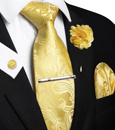 JEMYGINS Mens Paisley Tie and Pocket Square,Lapel Pin,Cufflinks,Tie Clip Sets with Gift Box 5PCS - color: Bright Yellow