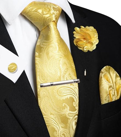 JEMYGINS Mens Paisley Tie and Pocket Square,Lapel Pin,Cufflinks,Tie Clip Sets with Gift Box 5PCS - color: Bright Yellow