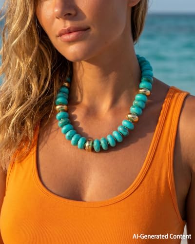 FIRAZIO Colorful Chunky Beaded Necklaces for Women | Trendy Statement Necklace Choker Necklace Boho Summer Beach Vacation Jewelry Gift - color: Turquoise Beaded
