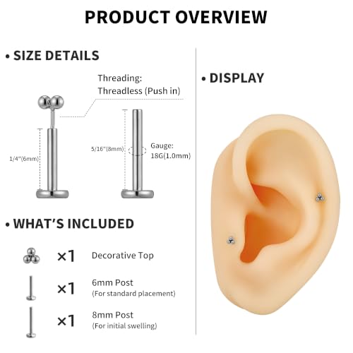 1PC ASTM F136 Titanium Mini Threadless Flat Back Stud 18G 6mm 8mm for Conch Helix Flat Tragus Labret - color: Triangular Cluster - Tit