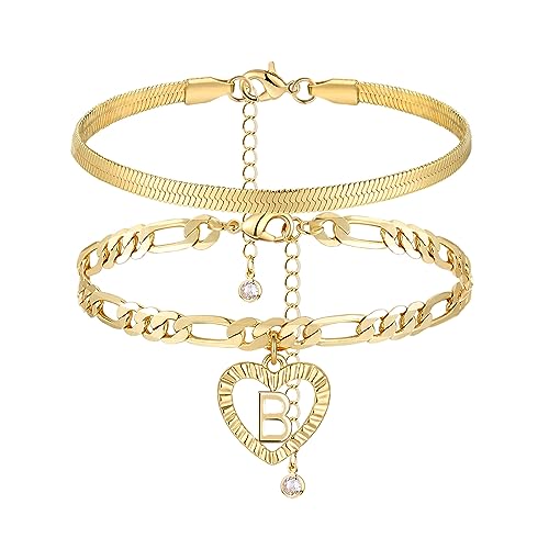 YANODA Gold Ankle Bracelets for Women Waterproof, 14k Gold Plated Layered Snake Anklets Figaro Chain Letter Initial Anklets Handmade Heart Ankle Bracelets Personalized for Women Beach Jewelry Gifts - color: B