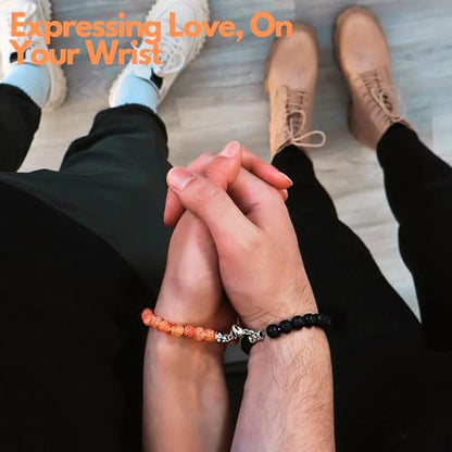 Set Of 2 Couples Bracelet Magnetic Healing Natural Bead Stone Stretch Bracelet Unisex Anniversary, Friendship, Valentine, Christmas Gift - color: Lava+Orange Weathered, style: Without Giftbox