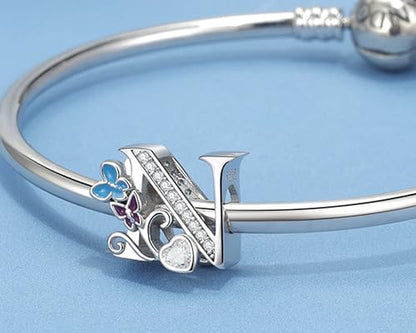 S925 Silver Butterfly Initial Letter Charms Fit for Pandora Charms Bracelets and Necklace Alphabet Bead Charms Jewelry Gifts for Women - color: N