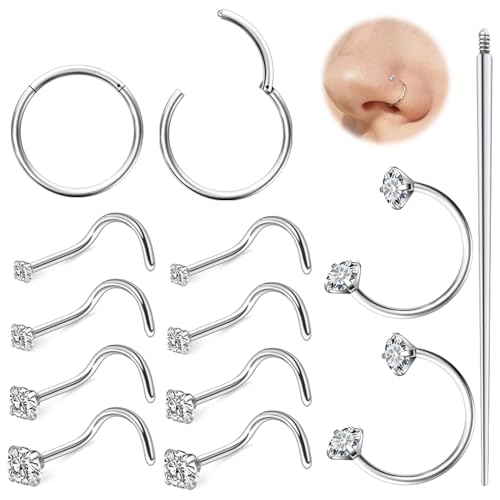 Hoeudjo 18G Horseshoe Nose Ring Surgical Steel Hinged Nose Hoops for Women Nose Studs 1.5MM/2MM/2.5MM/3MM Cubic Zirconia Bone & Screw & L-shaped Nostril Ring Body Piercing Jewelry for Women Men - color: silvertone,screw nose studs, size: 1.5/2/2.5/3mm CZ