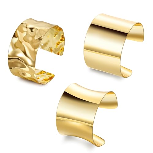 3PCS Chunky Cuff Bracelets for Women Irregular Minimalist Statement Bangle Bracelets Set Open Wide Wire Grooved Hammered Bangle Bracelet Gold Sliver Wrist Cuff Wrap Bracelet Adjustable - color: Gold Cuff Bracelets D