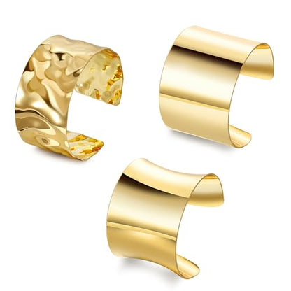 3PCS Chunky Cuff Bracelets for Women Irregular Minimalist Statement Bangle Bracelets Set Open Wide Wire Grooved Hammered Bangle Bracelet Gold Sliver Wrist Cuff Wrap Bracelet Adjustable - color: Gold Cuff Bracelets D