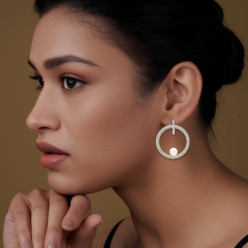 LeCalla Real 925 Sterling Silver C Hoop Earrings | Lightweight Small Hoops Italian Half Earring Hoops for Women - color: Caviar Pearl Drop-40mm