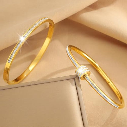 Camhanno Gold Bangles for Women - Stainless Steel Love & Friendship Bracelet Set with Gift Box | Daily Wear & Party Jewelry - color: 2pcs Gold Set Style 2