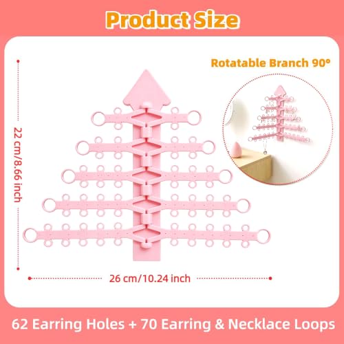 5-Tier Hanging Jewelry Organizer, Wall Mounted Earring Necklace Holder with Multiple Hooks, Space-Saving Display Rack for Earrings Necklaces Bracelets Rings (Pink)