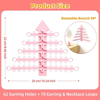 5-Tier Hanging Jewelry Organizer, Wall Mounted Earring Necklace Holder with Multiple Hooks, Space-Saving Display Rack for Earrings Necklaces Bracelets Rings (Pink)