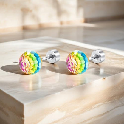 Dazzling Crystal Disco Ball Cartilage Stud Earrings for Women Mom Stainless Steel Austrian Colorful 6mm/8mm CZ Tragus Screw Flat Back Helix Tiny Studs Earring Fashion 60's 70's Jewelry Prom Party 20G - color: Colorful,6mm