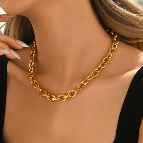 Chunky Gold Necklace for Women, 18K Gold Plated Paperclip, Figaro Link Chain Necklace, Toggle Clasp Necklaces, Trendy Non Tarnish Jewelry, Christmas Gifts - style: 10mm Cable Toggle 16.5''-Gold