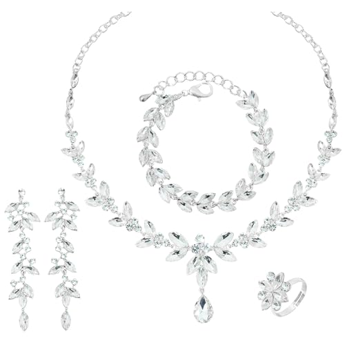 CSY Elegant Bridal Jewelry Sets Wedding Prom Homecoming Gown Accessories | Austrian Marquise Crystal Wedding Necklace Dangle Earrings Tennis Bracelet Ring Set for Bride Women Costume Accessories - color: white crystal-silver tone