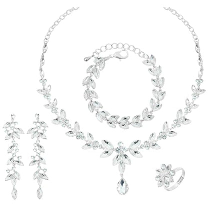 CSY Elegant Bridal Jewelry Sets Wedding Prom Homecoming Gown Accessories | Austrian Marquise Crystal Wedding Necklace Dangle Earrings Tennis Bracelet Ring Set for Bride Women Costume Accessories - color: white crystal-silver tone