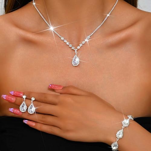 Unicra Bride Crystal Necklace Earrings Set Bridal Wedding Jewelry Sets Rhinestone Choker Necklace Prom Costume Jewelry Set for Women and Brides - color: D-3 Pack Silver Necklace Bracelet Earrings