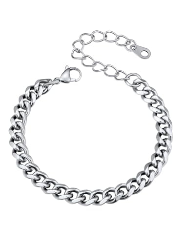 U7 Link Bracelets for Men, Cuban Link/Rope/Watch Band Solid Bracelet, Silver Black Gold Color Wrist Bracelet 3/6/9/12/15mm Width, 6.5/7.5/8.3 Inch Length, Hand Chain Jewelry for Mens Women - color: Cuban-Silver, size: 6mm, 6.5 inches
