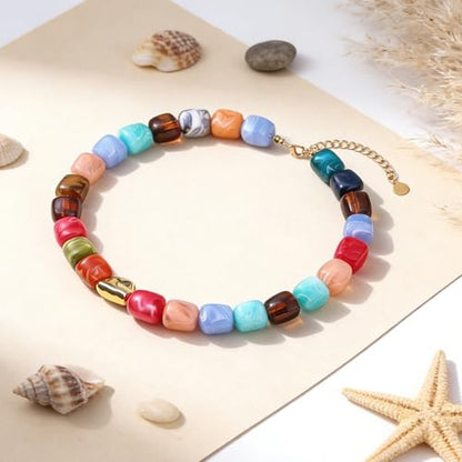 Rainbow Beaded Necklace for Women - Boho Necklaces Chunky Necklace for Summer Vacation Jewelry, Colorful Seed Bead Choker Statement Necklace - color: Thicker B