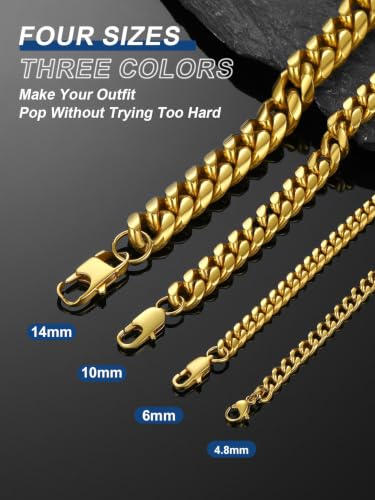ChainsPro Stainless Steel Mens Cuban Link Chains, Hip Hop Miami Necklace | Daily Wear Jewelry with Gift Box, Silver/Gold Plated/Black, Sweatproof & Waterproof, Hypoallergenic Men Chains, No Tarnish - color: Gold