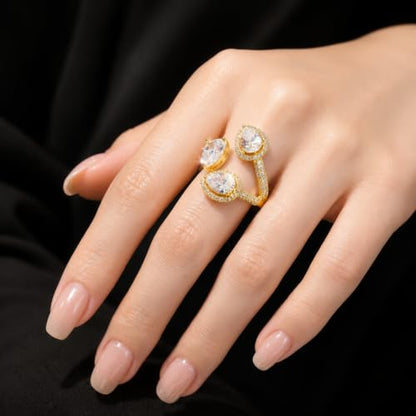 Aura & Irena 18K Gold Plated Pear-Shaped Cocktail Rings for Women, Non-Tarnish Adjustable Statement Ring with 3A Cubic Zirconia, Gift for Family Friend - color: Gold