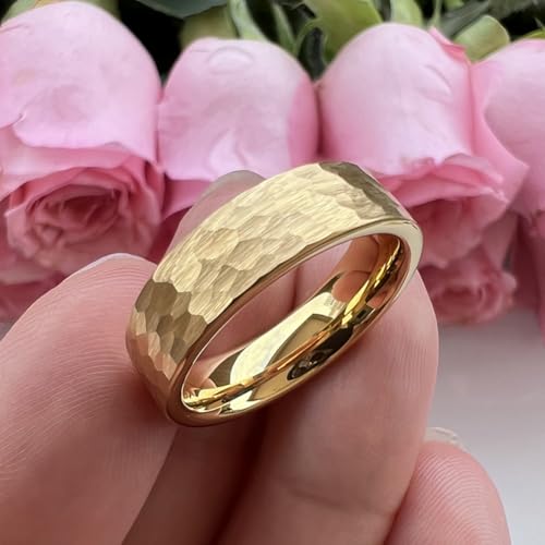 TUTISS 6mm 8mm Silver/Black/Gunmetal/Gold/Rose Gold Hammered Tungsten Rings for Men Women Couple Fashion Jewelry Engagement Wedding Bands Matte Finish Comfort Fit - color: 6mm Gold Tungsten