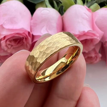 TUTISS 6mm 8mm Silver/Black/Gunmetal/Gold/Rose Gold Hammered Tungsten Rings for Men Women Couple Fashion Jewelry Engagement Wedding Bands Matte Finish Comfort Fit - color: 6mm Gold Tungsten