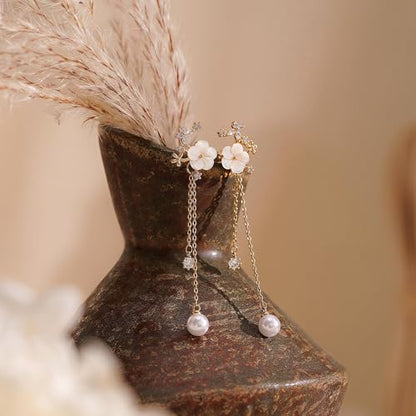 14K Gold Plated CZ Flower Dangle Earrings for Women, Sparkly Cubic Zirconia Long Tassel Drop Earrings, Bridal Wedding Jewelry - color: A:Flower Pearl Earrings