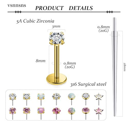 Vsnnsns 14K Gold Plated 16G 18G 20G Threadless Nose Rings Studs Flat Back Earrings Stainless Steel Tragus Helix Conch Earrings Stud Snake Bite Lip Rings Labret Medusa Piercing Jewelry for Women Men - color: 14K Gold Plated-20G-8MM Bar Lenght