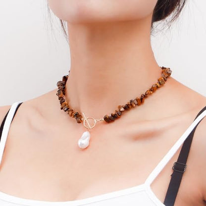 Bohemian Stone Pearl Choker Necklace for Women Dainty Natural Irregular Stone Choker Turquoise Beaded Lariat Necklace Simple Fashion OT Toggle Spiritual Handmade Jewelry - color: Brown