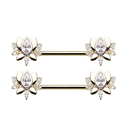 Pierced Owl 14GA Stainless Steel CZ Crystal Blooming Lotus Flower Nipple Barbells, Sold as a Pair - style: Gold Tone
