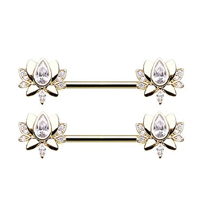 Pierced Owl 14GA Stainless Steel CZ Crystal Blooming Lotus Flower Nipple Barbells, Sold as a Pair - style: Gold Tone