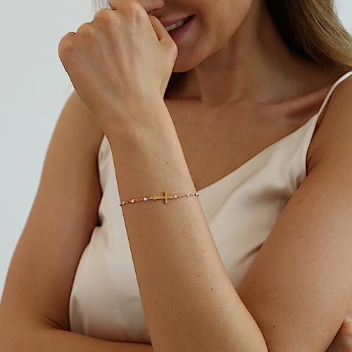 18K Gold Plated Pearl Beaded Cross Bracelets for Women Adjustable Stainless Steel Dainty Thin Gold Box Cuban Twisted Link Chain Bracelet Bridesmaid Jewelry Gifts - color: White Cross-Gold