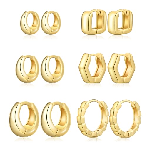 Wgoud Small Gold Hoop Earrings Set for Women, 6 Pairs 14K Gold Plated Hypoallergenic Lightweight Huggie Hoops Earrings, Trendy Cartilage Cubic Zirconia Earrings for Women Gifts. - color: 03Gold