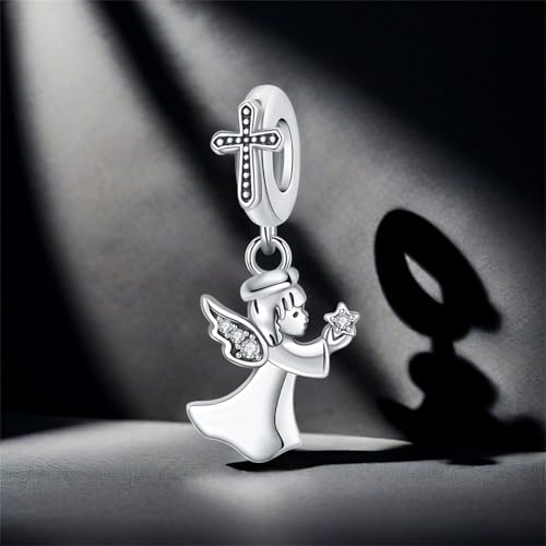925 Sterling Silver Charms for Bracelets and Necklace Religious Cross Pendants Praying Hands, Bible, Virgin Mary, Jesus, Church Bead Jewelry - color: Angel Cross