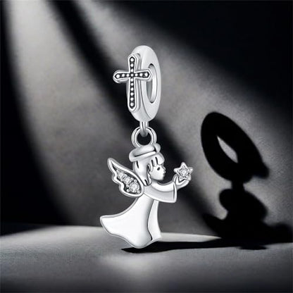 925 Sterling Silver Charms for Bracelets and Necklace Religious Cross Pendants Praying Hands, Bible, Virgin Mary, Jesus, Church Bead Jewelry - color: Angel Cross