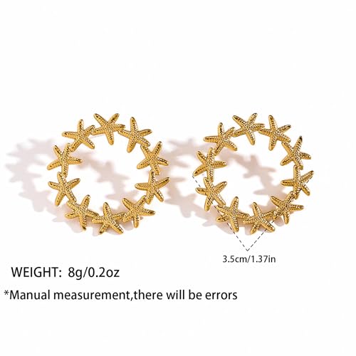 Gold Statement Earrings For Women, 14K Gold Plated Textured Geometric Drop Earrings - Hypoallergenic Stainless Steel Statement Earrings for Women, Waterproof Fan-Shaped Dangle Earrings for Beach & Daily Wear - color: Starfish DKE252030GL