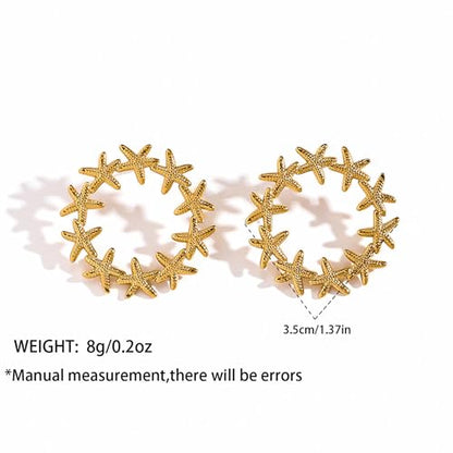 Gold Statement Earrings For Women, 14K Gold Plated Textured Geometric Drop Earrings - Hypoallergenic Stainless Steel Statement Earrings for Women, Waterproof Fan-Shaped Dangle Earrings for Beach & Daily Wear - color: Starfish DKE252030GL