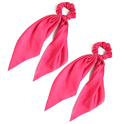 Pack of 2 Knotted Bow Hair Scrunchies Elastic Hair Scarf Black Hair Ties Bands Satin Hair Ribbon Scrunchy Red Ponytail Holder for Women and Girls, Hair Scarf Scrunchies, Hair Accessories Hair Bow - color: Hot pink