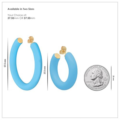 Gold Plated Multicolor Resin Chunky Thick Open Hoop Earrings in 57MM and 37.5MM Diameters - color: Blue - Bright - Matte Finish, size: 57MM (2.24") Diameter