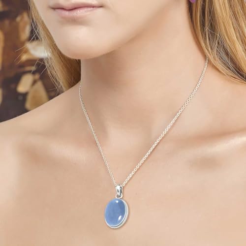 Chunky Natural Gemstone Pendant Necklace For Women Onyx, Turquoise, Amber, Garnet Oval Boho Genuine 925 Sterling Silver Handmade Jewelry - color: Angelite