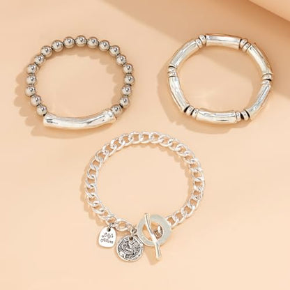 Jumwrit 3pcs Boho Layered Beaded Bracelets Set for Women Dainty Stretch Elastic Round Ball Beads Tube Chunky Chain Bracelets Stackable Silver Toggle Cuban Link Bracelets Trendy Jewelry