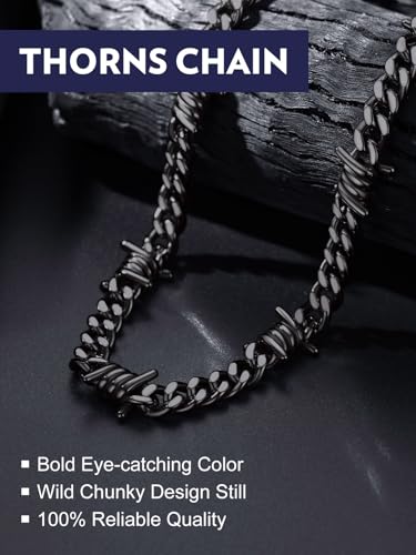 Bandmax Stainless Steel Barbed Wire Cuban Chain Necklace for Men & Women | Edgy Fierce Design, Waterproof & Tarnish Resistant, Silver/Black Tone, 5/7/9/12MM, 16-22 Inches, Street Punk Style Jewelry - color: A2 9MM-Black, size: 18 Inch (46cm, Pop Choice)