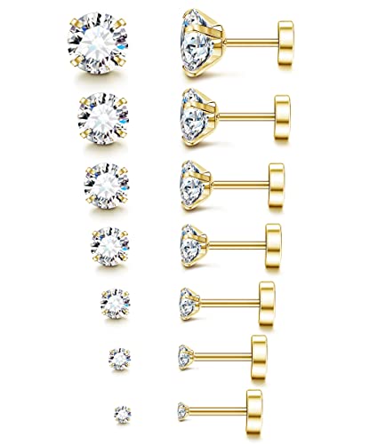 Fansilver 20G Hypoallergenic Flat Back Earrings for Women Men Silver 14K Gold Stainless Steel Stud Earrings Birthstone Cubic Zirconia Studs Surgical Steel Cartilage Earrings for Sensitive Ears - color: Gold