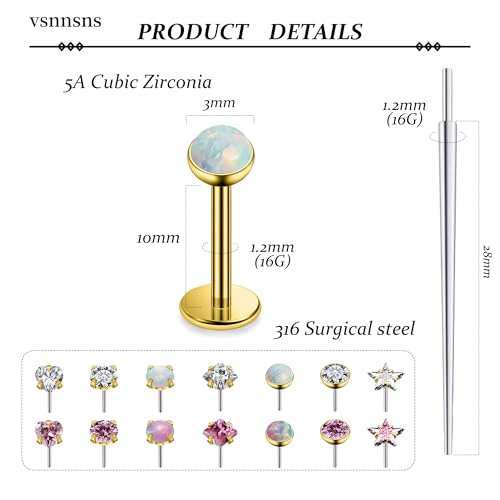 Vsnnsns 14K Gold Plated 16G 18G 20G Threadless Nose Rings Studs Flat Back Earrings Stainless Steel Tragus Helix Conch Earrings Stud Snake Bite Lip Rings Labret Medusa Piercing Jewelry for Women Men - color: 14K Gold Plated-16G-10MM Bar Lenght